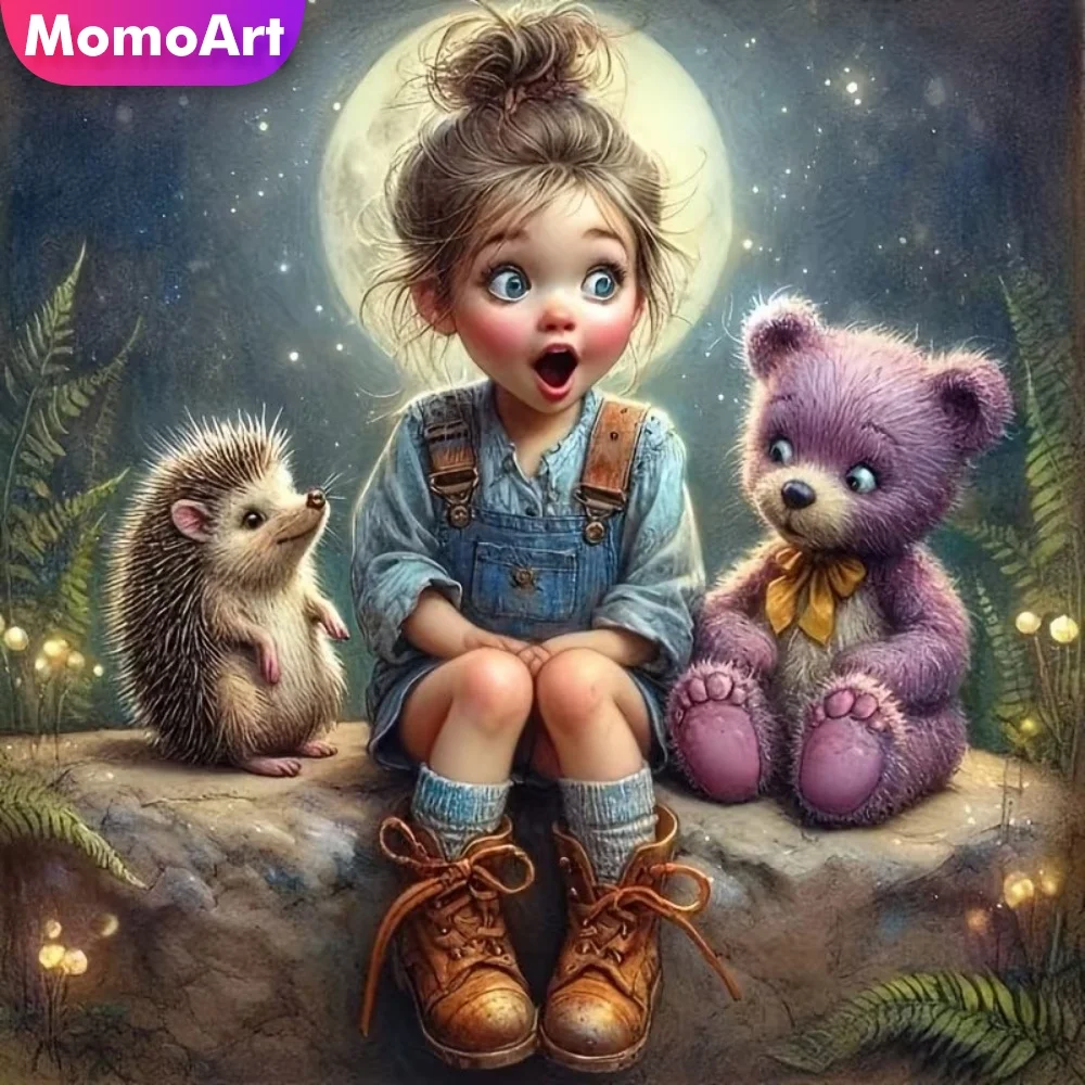 

Momoart Diamond Painting Girl Portrait DIY Bear Diamond Mosaic Hedgehog Cartoon Picture Rhinestones Needlework Handmade Gift