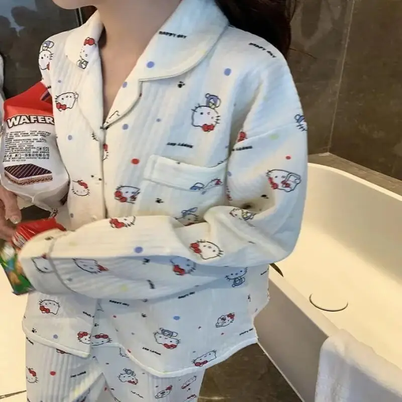 

Милый комплект пижамы с принтом кошки Китти, утепленный хлопком, для женщин, новая осенне-зимняя коллекция, толстый хлопковый домашний костюм, модный комплект для сна в стиле кавайи