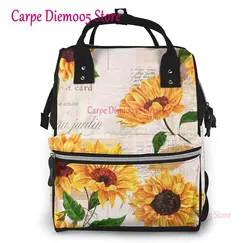 Mochila con estampado de girasoles para mamá, bolsa de pañales de maternidad multifunción, bolsa para niños con bolsillo para portátil, color amarillo vibrante