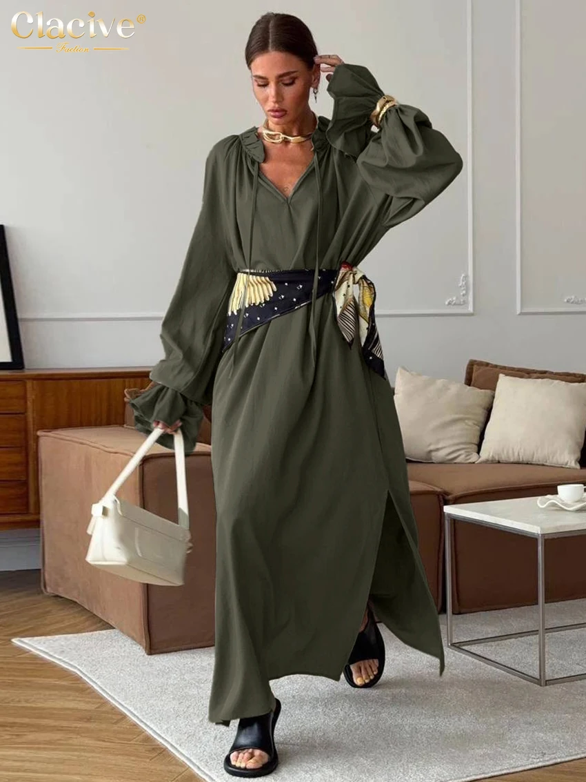 

Clacive Fashion Loose Khaki Women's Dress 2026 Autumn V-Neck Long Sleeve Ankle Length Dresses Elegant Classic Solid Female Dress