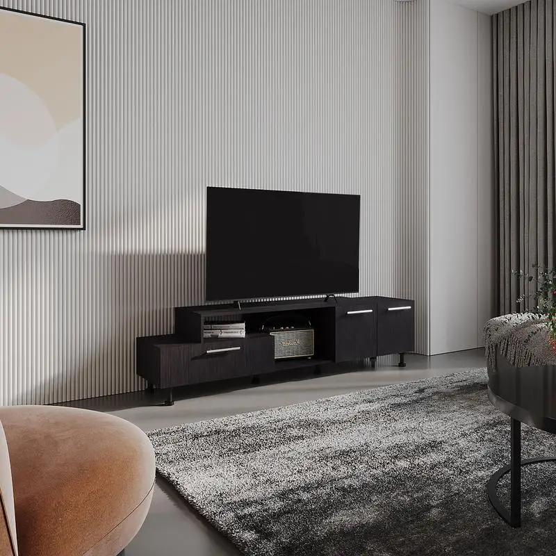 

69" Wide Two-Tier TV Stand in Black with Pull-Down Door Cabinet, Double-Door Cabinet, Two Shelves, and Cable Management for