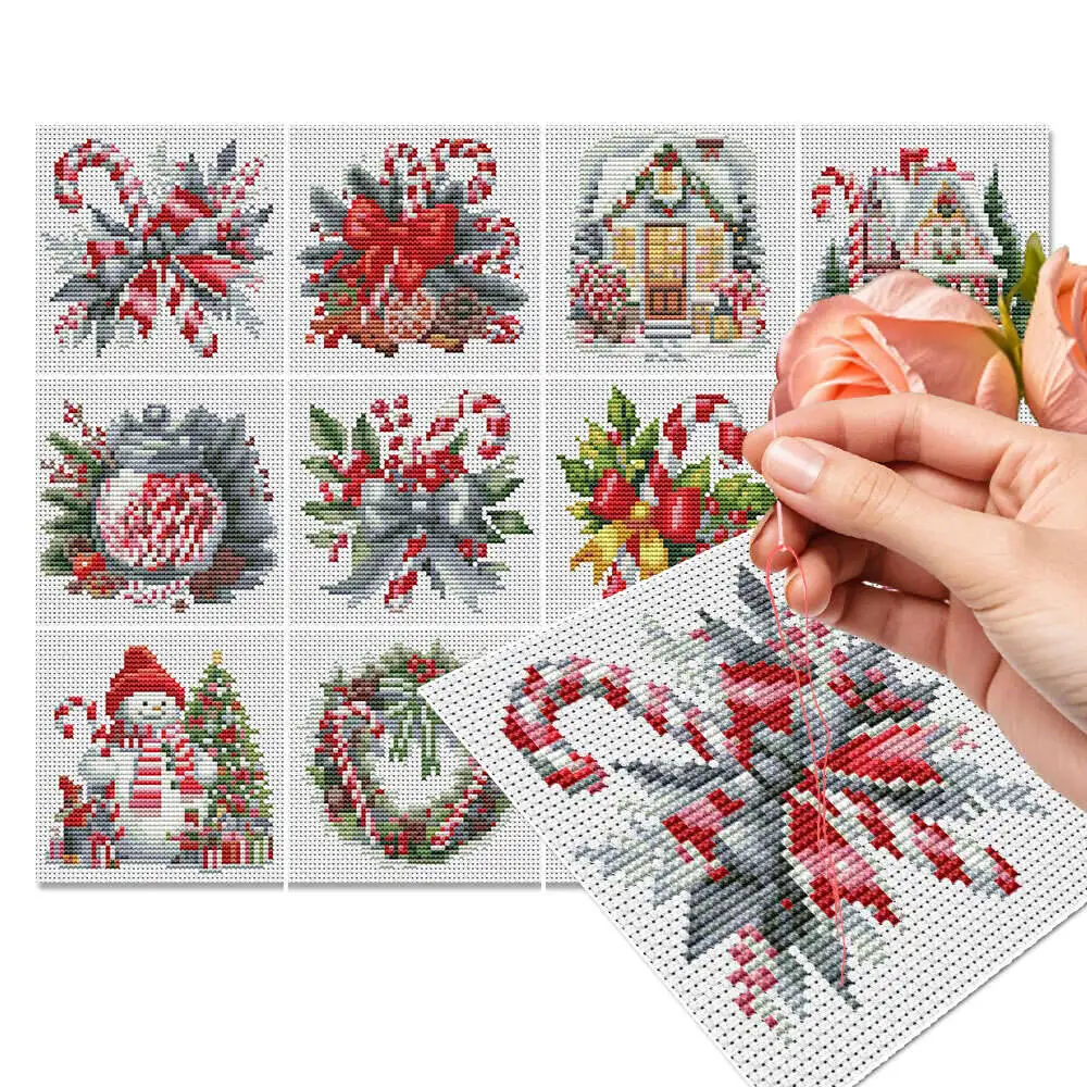 12Pcs 11Ct Kreuz Stich Schneemann Gedruckt Stoff Stickerei Kit Haus Landschaft Baumwolle Faden Dekorative Gemälde Wand Dekoration