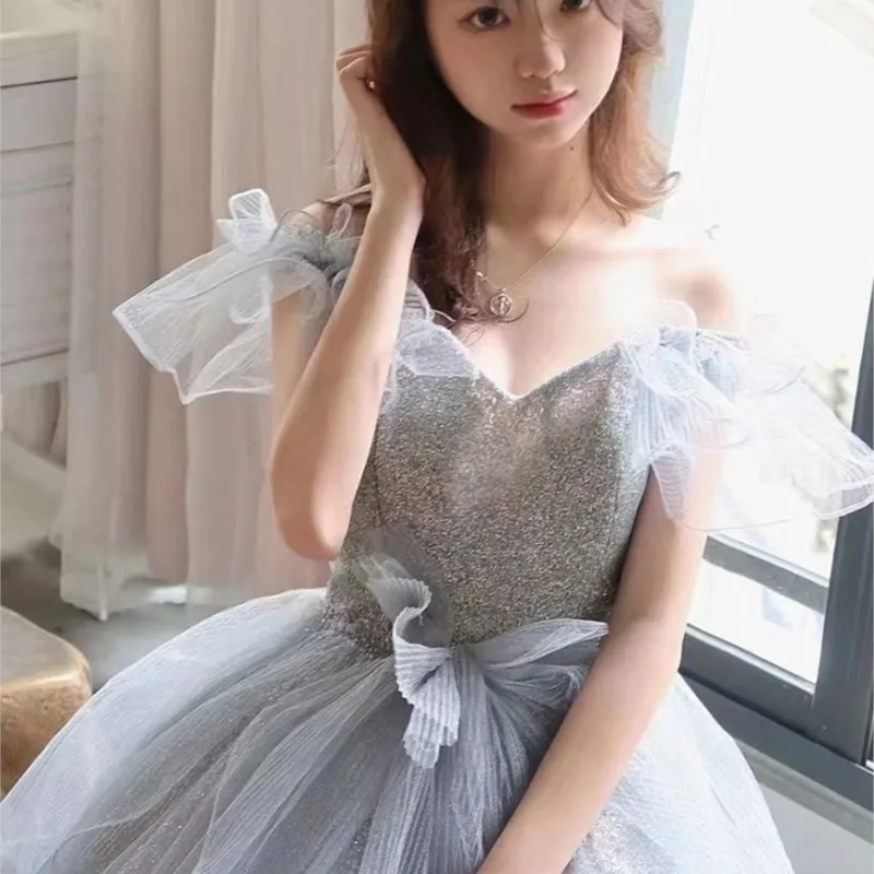 

Blue Evening Dress Women's New Wedding off-Shoulder Student Graduation Ceremony