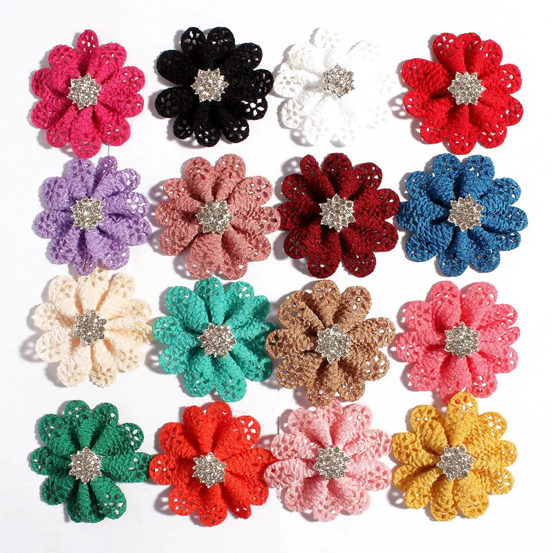 20pcs/lot 5.5cm 16colors Newborn Hollow Out Flowers With Rhinestone Button For Hair Accessories DIY Fabric Flowers For Headbands