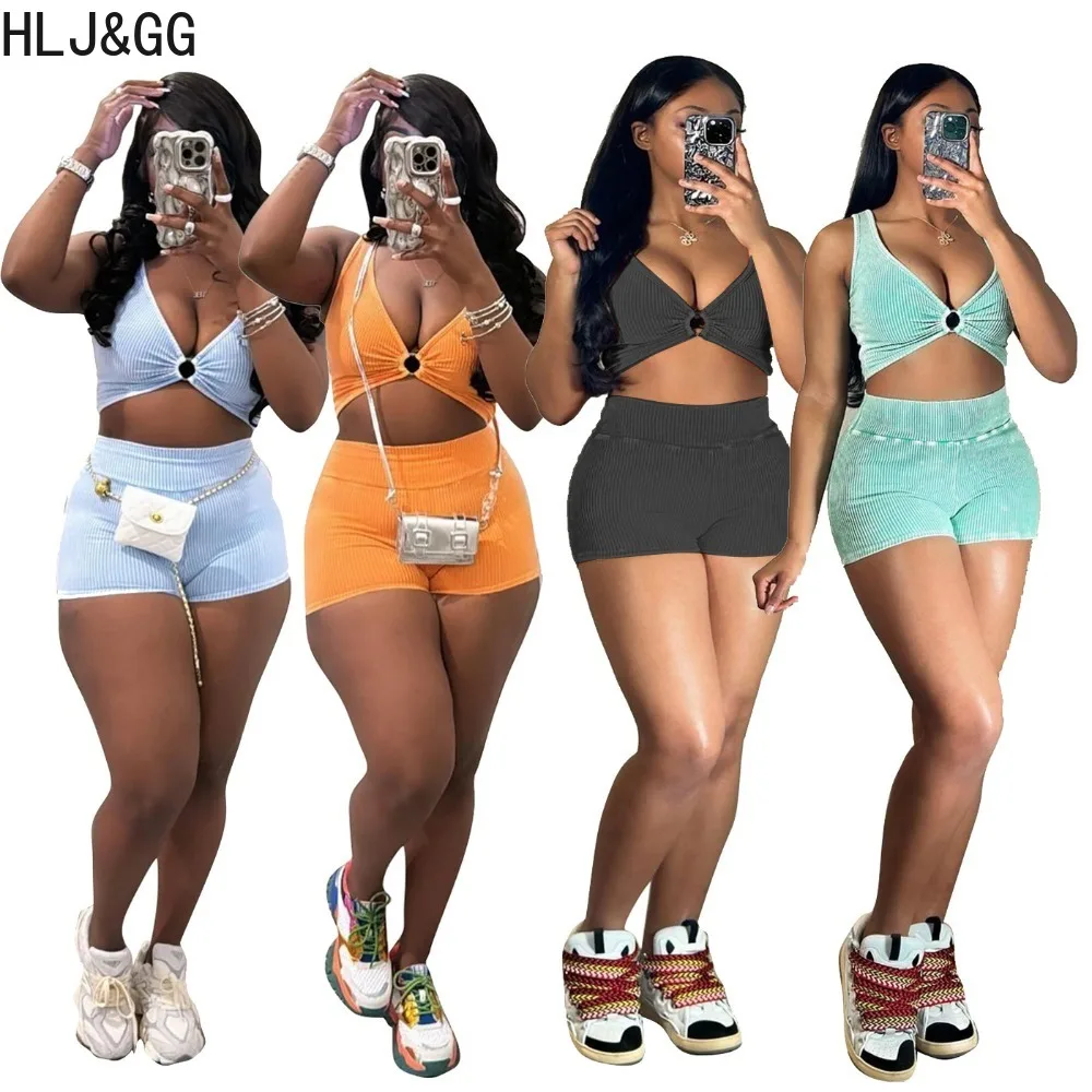 HLJ&GG Summer New Solid Ribber Shorts Two Piece Sets Women V Neck Sleeveless Crop Top And Shorts Outfits Female 2pcs Streetwear