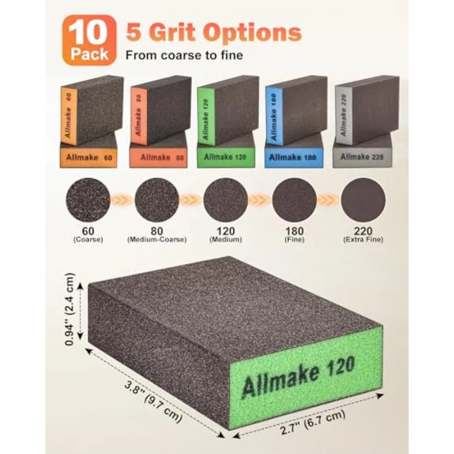 10 Pack Sanding Sponge, Washable and Reusable Sanding Block, 60 80 120 180 220 Grit Wet Dry Sandpaper Block for Wood, Drywall S