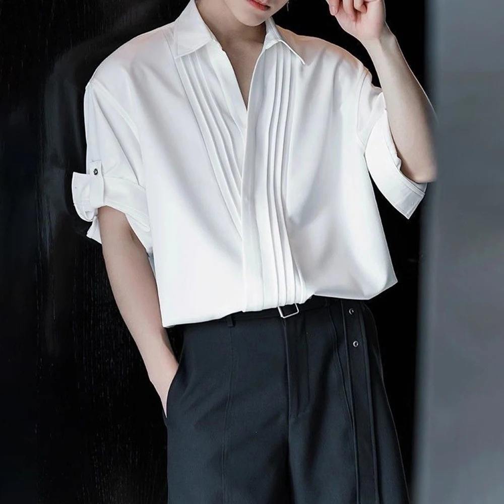 

Summer New Men's Solid Color V-Neck Pleated Short-Sleeved Shirt American Fashion Trend Casual Loose Breathable Niche Men's Tops