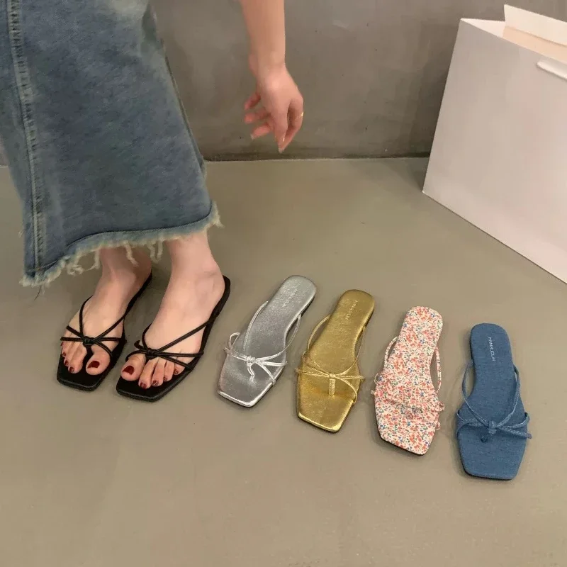 Women Thin Strap Square Toe Flip Flops Flat Comfort Soft Sole Summer Beach Vacation Outdoor Walking Casual Slip On Trip Footwear