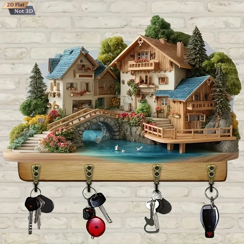2D Retro Lakeside Villa Wooden Key Holder Multi-Functional Wall Hook for Home Porch Kitchen Decorative Storage Organizer
