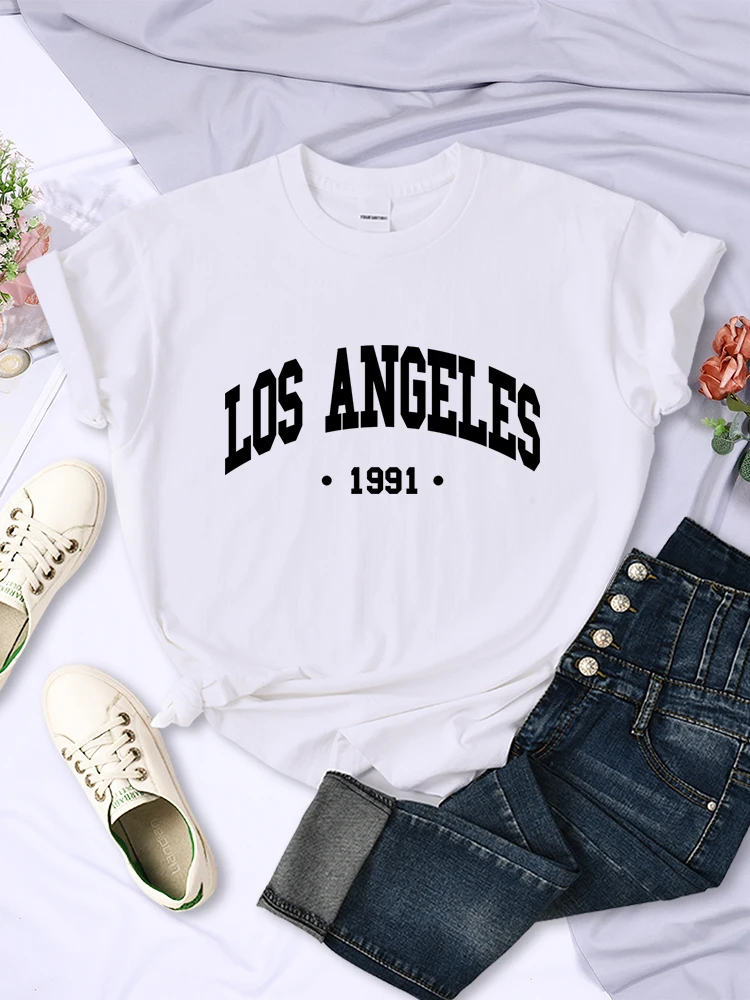 Los Angels 1991 미국 도시 문자 인쇄 여성 티셔츠, 스트리트 여름 심플 캐주얼 반팔, 통기성 쿨 티셔츠 