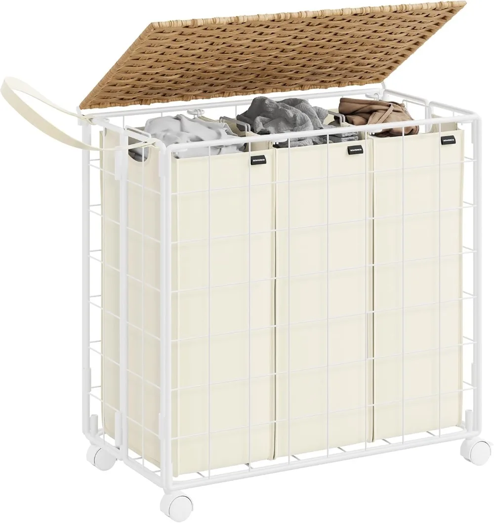 

130L Laundry Basket with Lid, Clothes Hamper with Wheels Collapsible Removable Liner Bag Natural Beige and Cream White