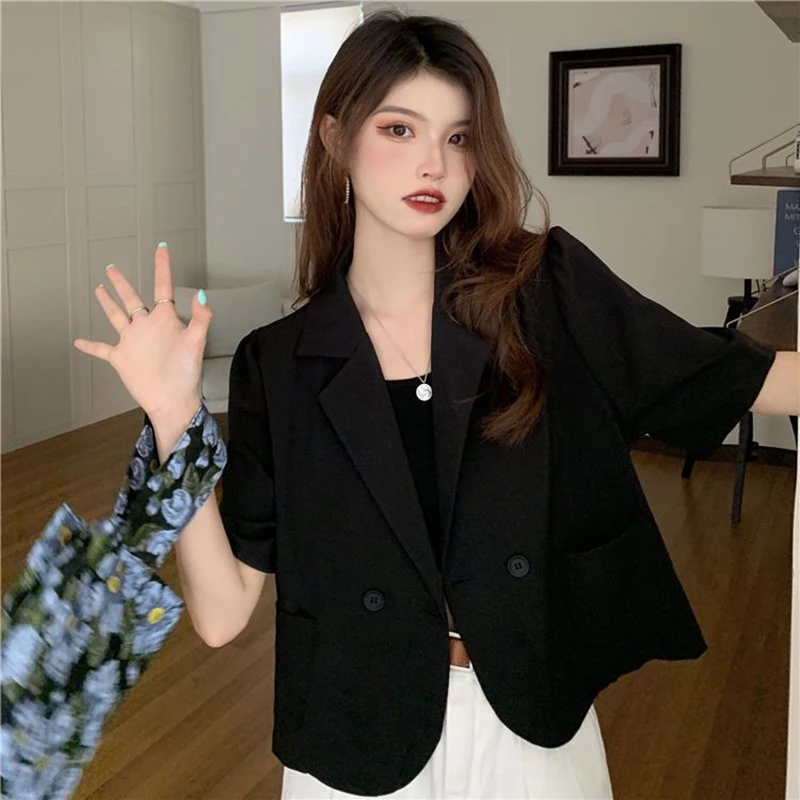 Lucyever Summer Korean Cropped Blazers Women 2023 Solid Color Short Sleeve Outwear Woman All-Match Office Suit Jacket Ladies