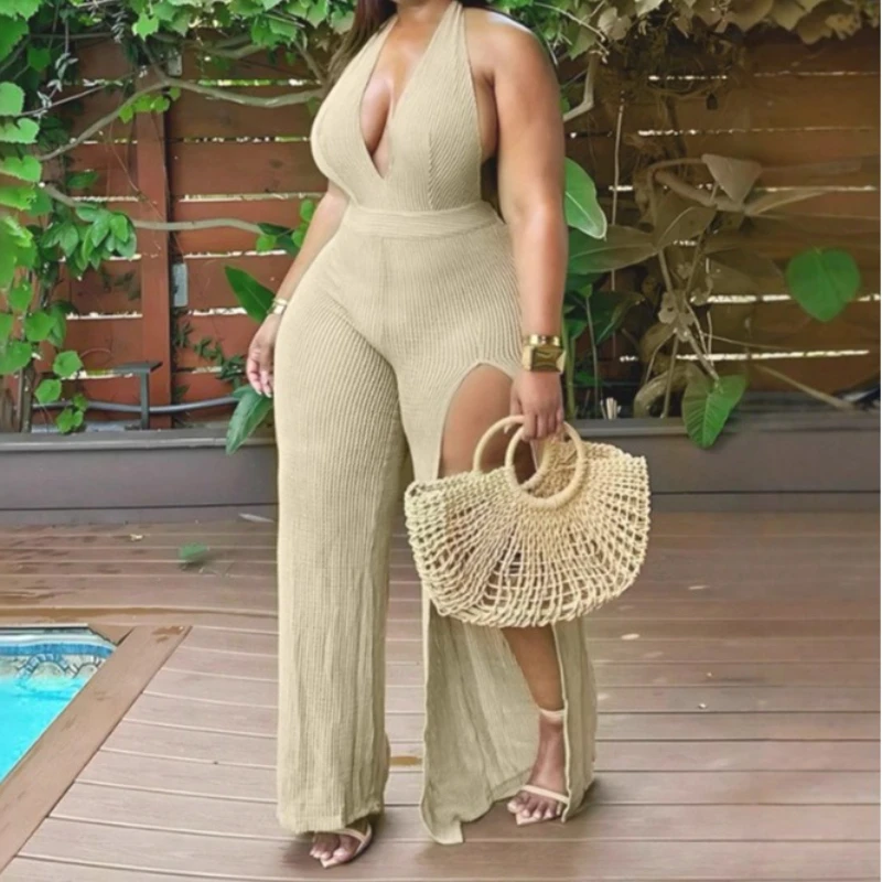 

Fashion Women Halter V-Neck Backless High Split Knit Wide Leg Jumpsuit 2025 Summer Beach Holiday Romper One Piece Overall New