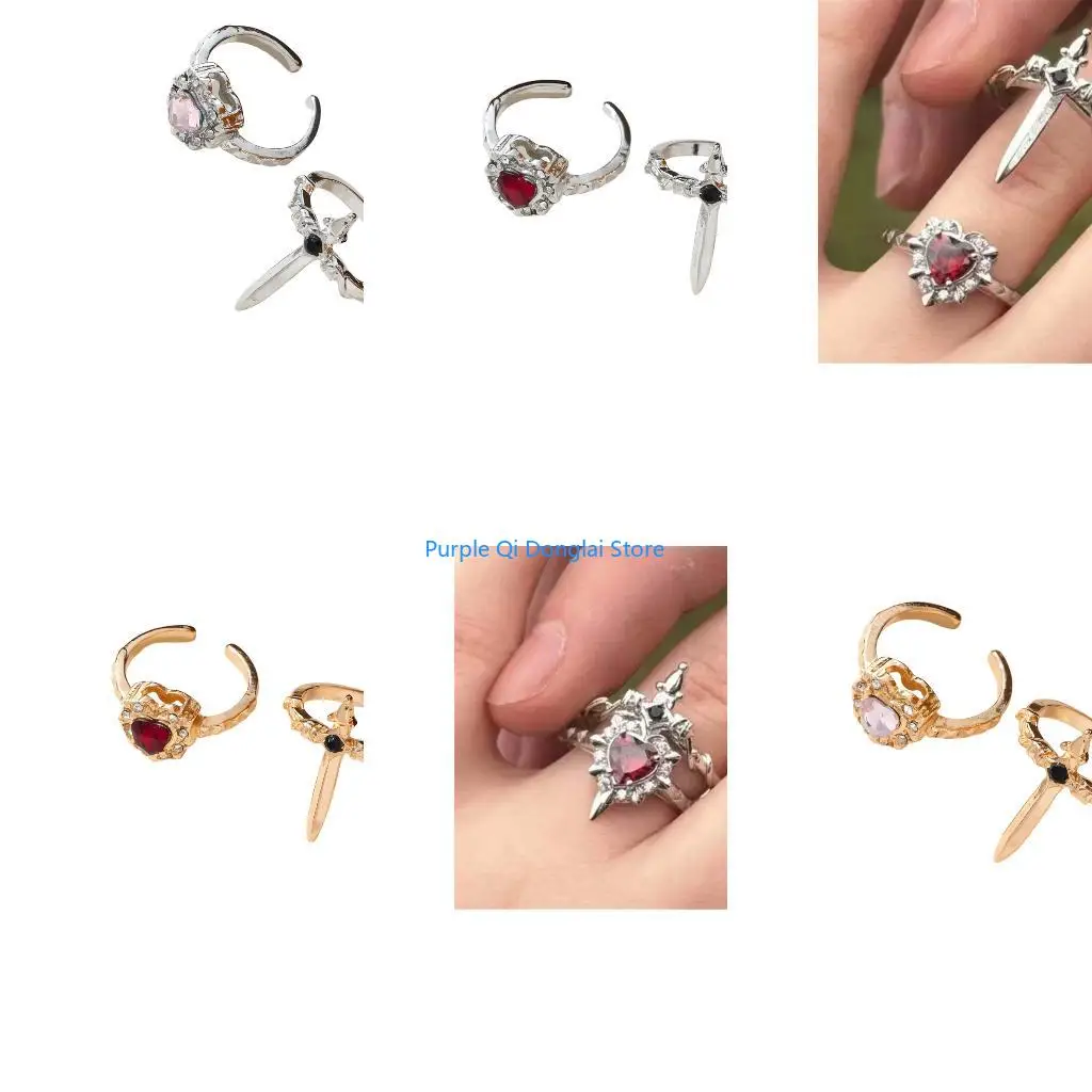 L21E 2Pcs Valentines Rings Gothic Crosses Heart Alloy Couple Bands Adjustable Size