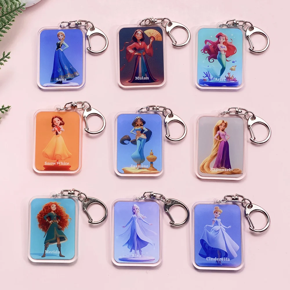 9 Piezas de Llaveros Acrílicos de Disney con las Princesas Ariel, Anna, Cenicienta y Merida, Lindos Colgantes para Mochila, Accesorios Decorativos para Bolsos