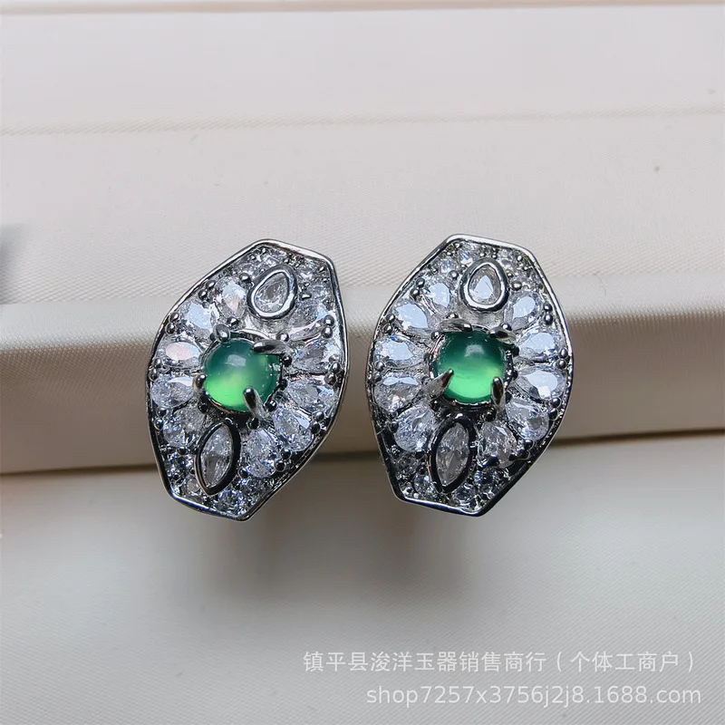 Diamond-studded earrings, chalcedony earrings, green agate and jade-colored small accessories, simple and stylish 3
