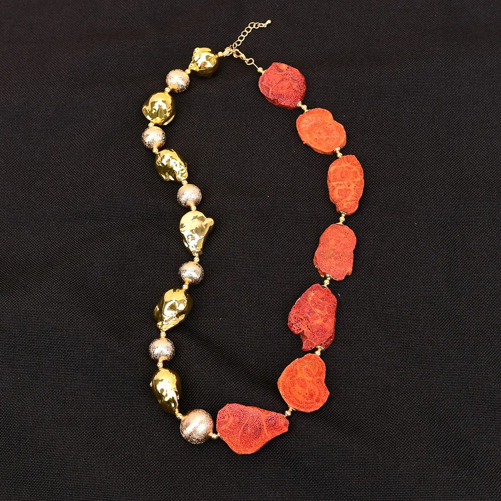 

Natural Orange Coral Slice Golden Baroque Pearl Brushed Beads Necklace