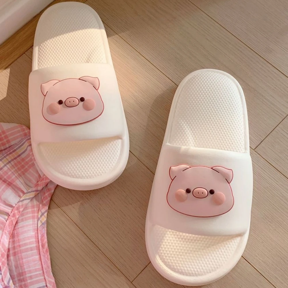 Cute Blushing Piggy Design Soft Sole Women Slippers Slides Bathroom Beach Indoor Sandals Summer Couple Shoes