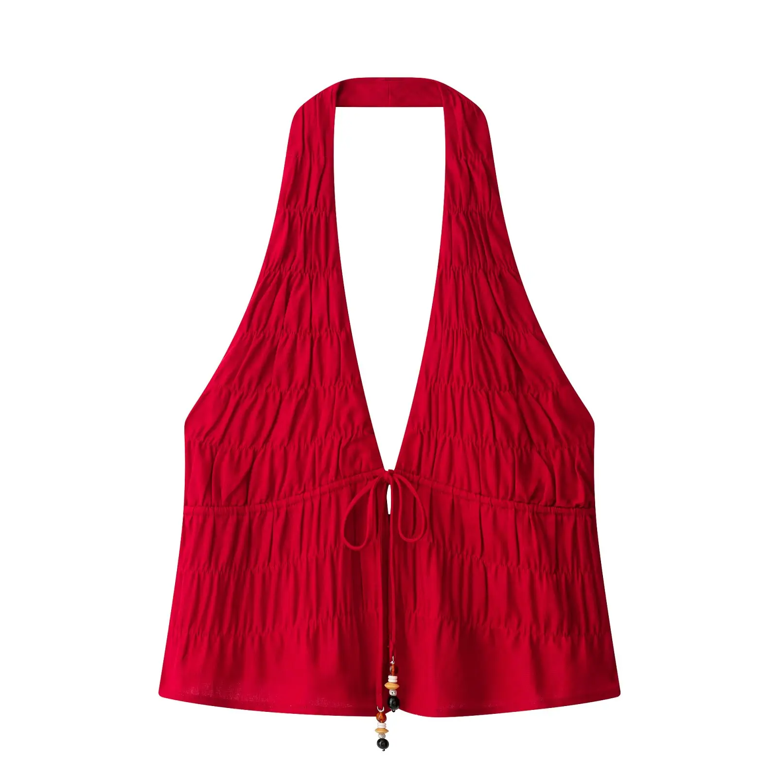 KONDALA Schicke Sommerliche Sexy Rote Damenanzüge mit Neckholder-Plissee-Weste + Langer Midirock mit Kordelzug – Modische Urlaubssets für Damen 2026 – Detail 3