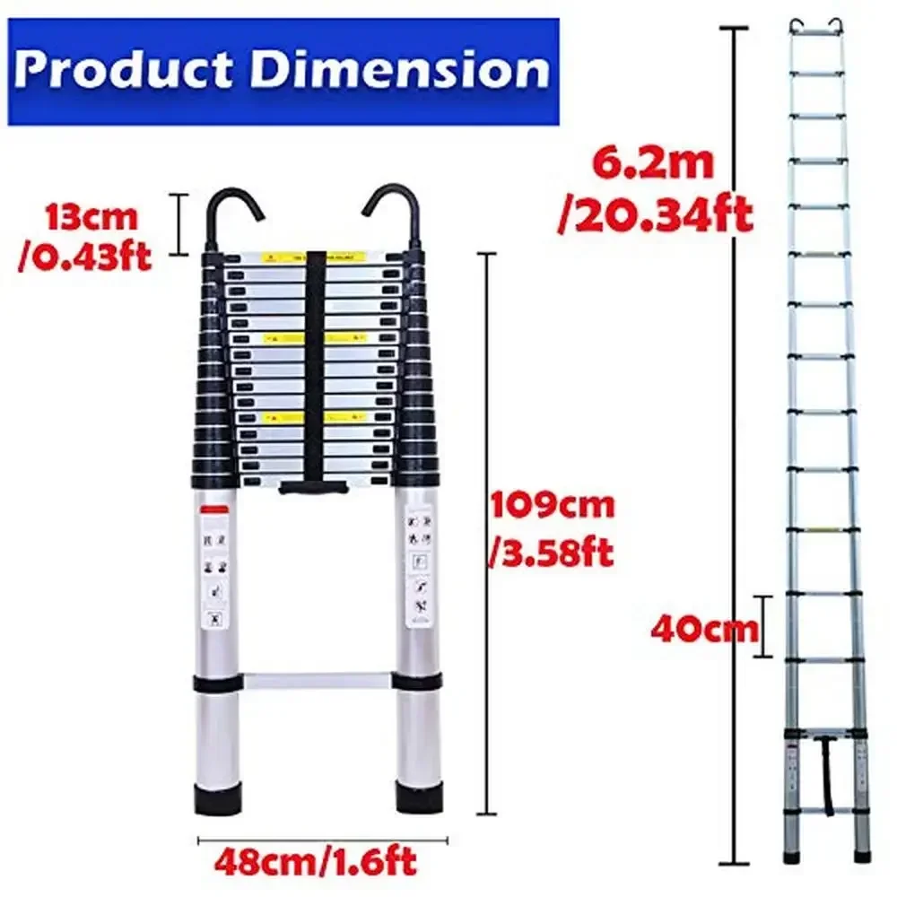 Telescoping Aluminum Extension Folding Loft Ladder 20ft 6.2M DIY with 2 Detachable Hooks Anti-Slip Rubber Feet Portable Safe