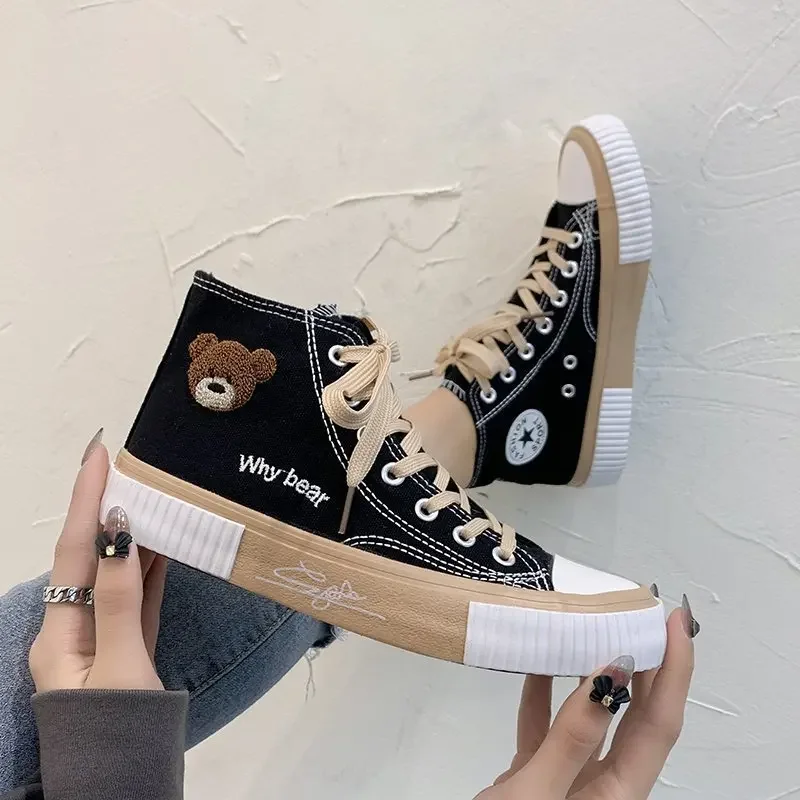 2024 Spring Summer Fashion Bear Women Canvas Shoes High-top Canvas Shoes Lace Up Casual Sneakers Female Off White Shoes Sneakers