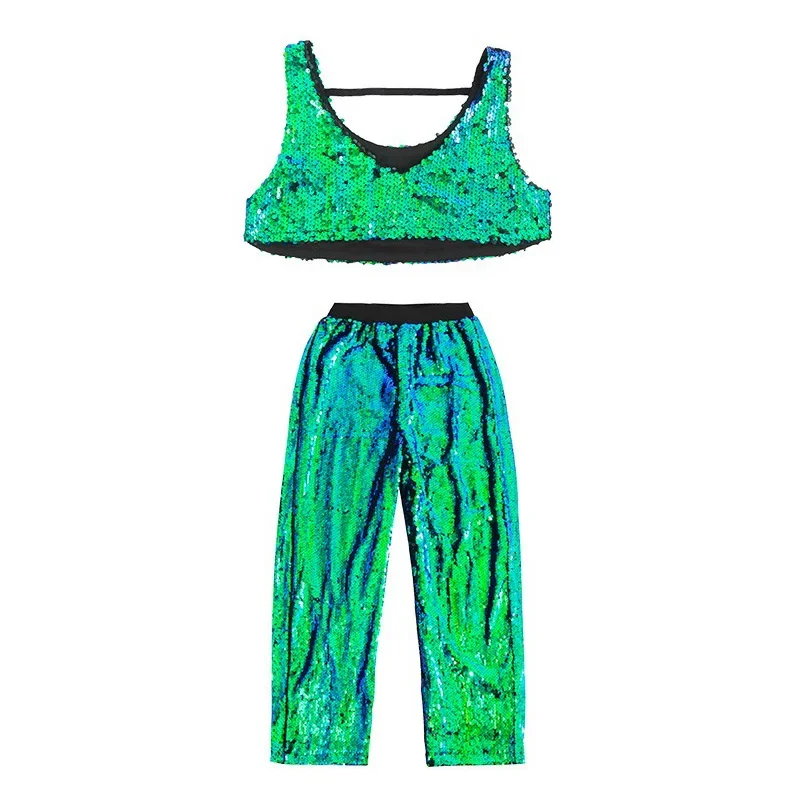 Meisje Sequin Crop Tank Top Hip Hop Jongens Groen Vest Jas Kinderen Jazz Glanzende Broek Kleding Set Kind Street Dance Toneelkostuum