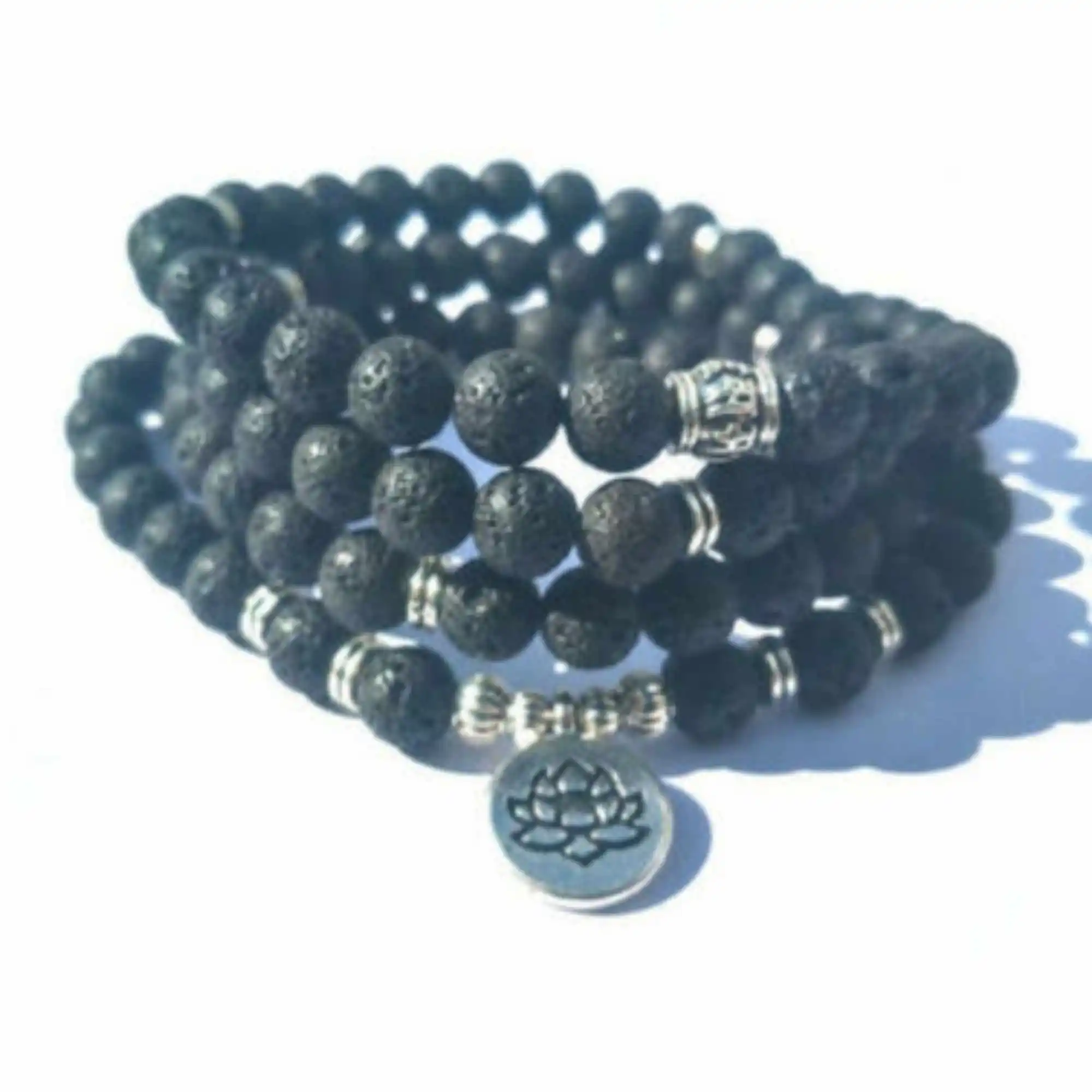 

6mm Lava Stone 108 Beads Lotus Pendant Bracelet energy yoga Healing Handmade Bangle Artisan Japa Wear Health Link Prayer