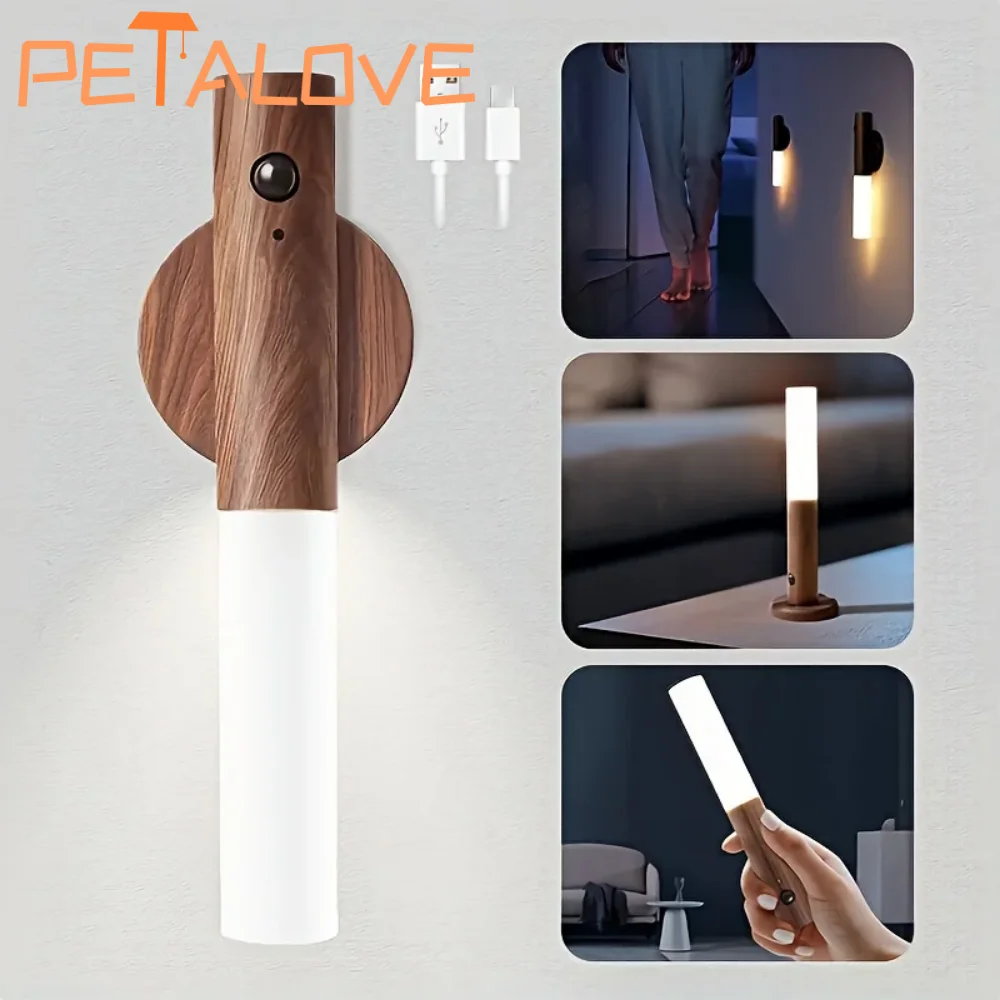 LED in legno USB luce notturna lampada da parete magnetica armadio da cucina armadio luce casa scala camera da letto tavolo lampada da movimento illuminazione da comodino