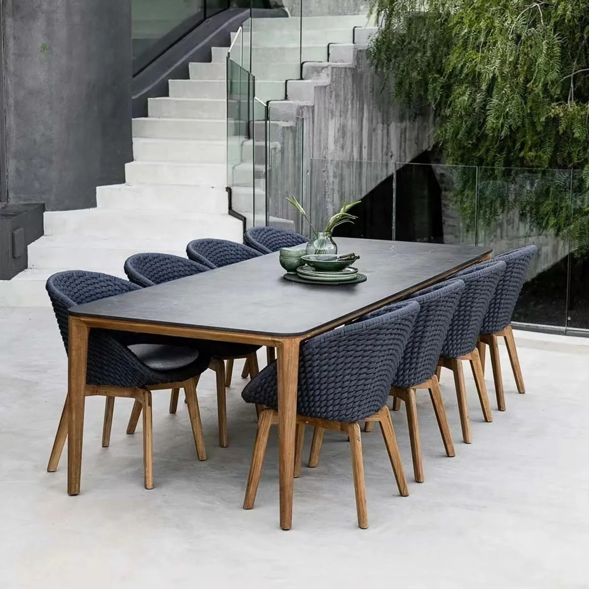Outdoor table and chairs courtyard villa garden leisure preservative wood dining table hotel outdoor open-air rattan chair yard