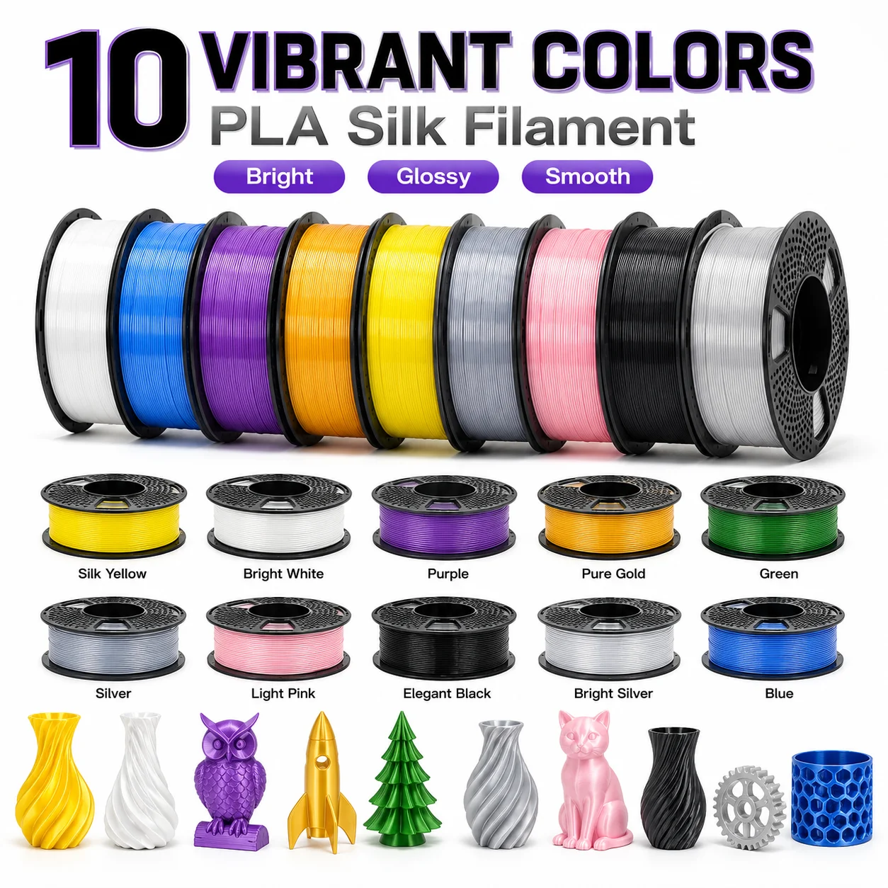 Silk PLA 3D Printer Filament 1.75mm, Bundles Collection (10-Pack & 14-Pack Options), Assorted High Gloss Shiny, Rainbow & Multi-Color Finish, 1kg per Spool, Dimensional Accuracy +/- 0.03mm, Fits Most FDM Printers