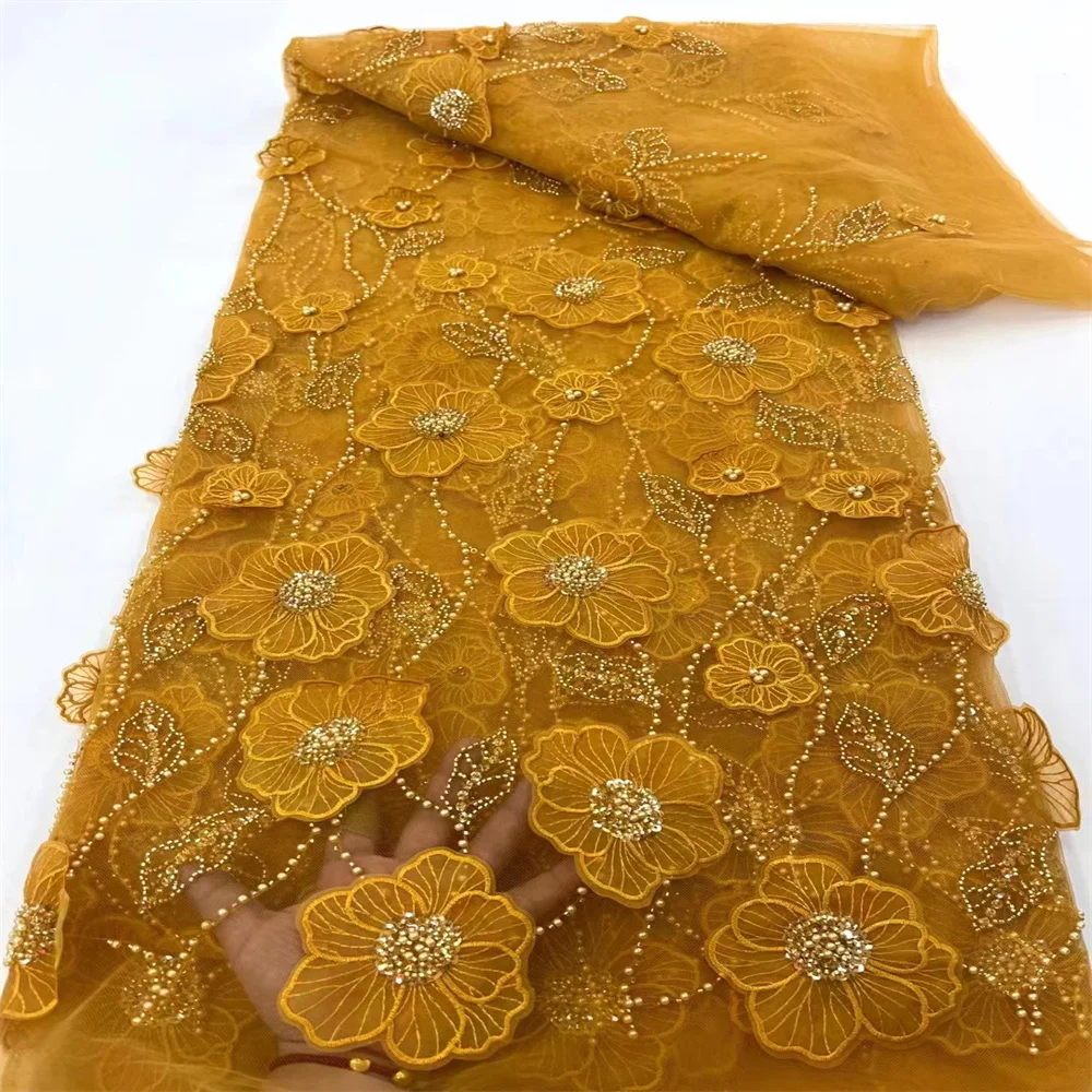 Tela de encaje africano dorado 3D, tejido bordado nigeriano con lentejuelas de alta calidad, tul francés con cuentas XC3502, 2023
