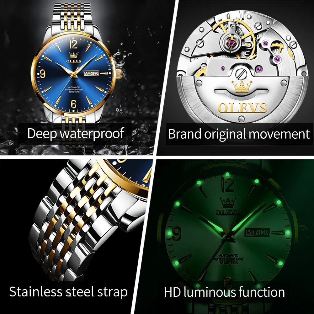 OLEVS Men\'s Mechanical Watch Waterproof Luminous Stainless Steel Digital Dial Business Automatic Watch for Men Wrist watch 9928