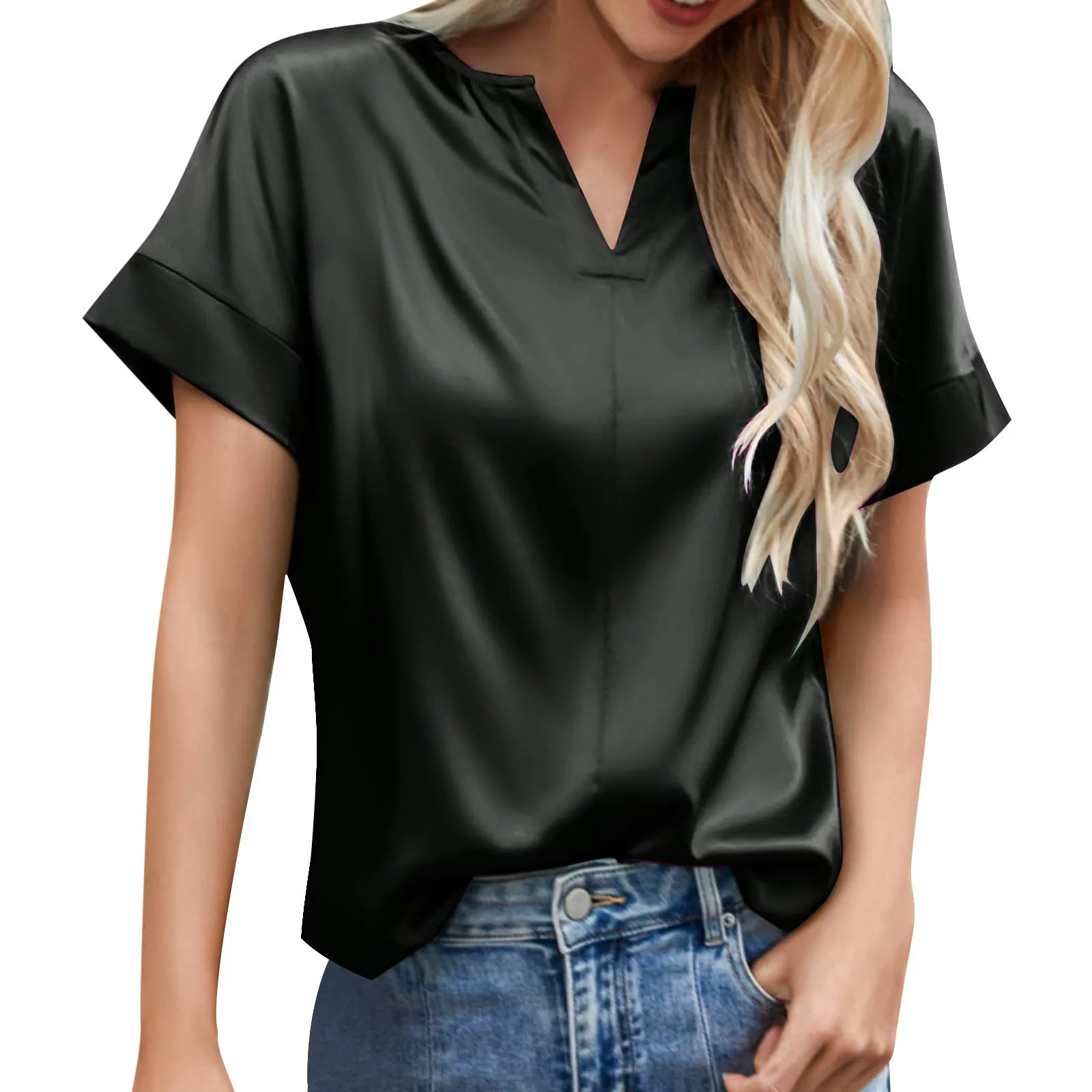 Women Summer Satin Silk Shirts Elegant Loose Office Lady V Neck Short Sleeve Tops Solid Commuter Blouses Rose Gold Green T Shirt