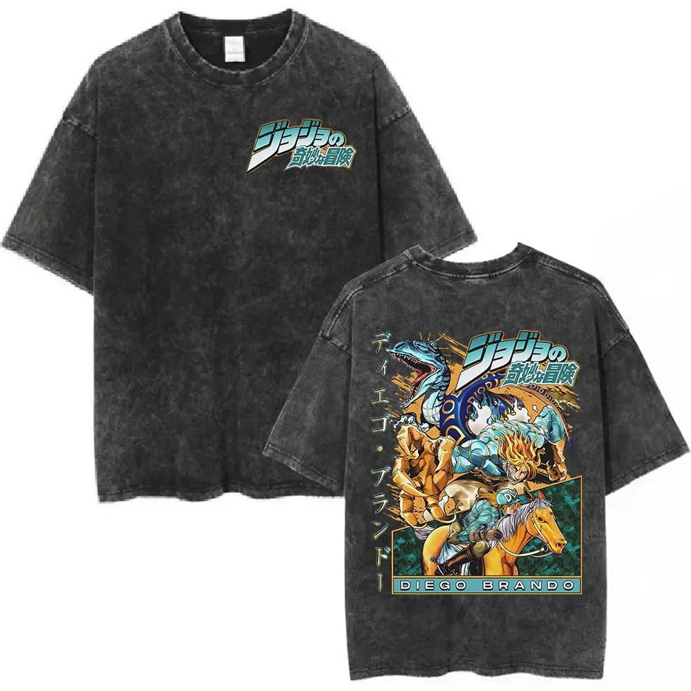 

JoJo's Bizarre Adventure Diego Brando T-Rex & Scary Monsters Acid Wash Black T-Shirt 2026 Summer Anime Streetwear Graphic Tee