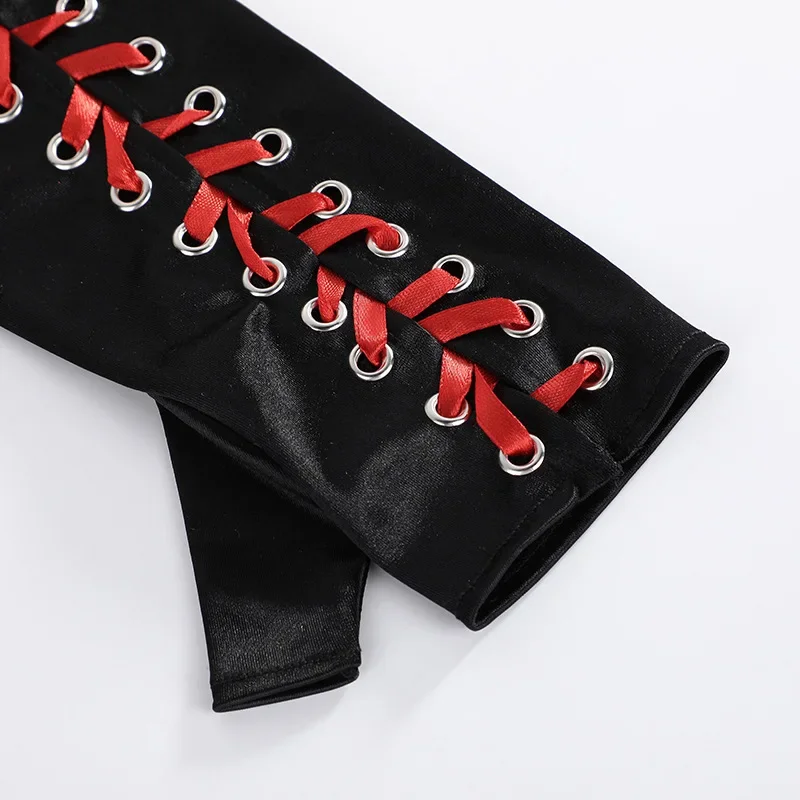 المرأة مثير ضمادة الشريط لجام الدانتيل الساتان قفازات طويلة تأثيري مرحلة العروض لوليتا شخصية الموضة القفازات