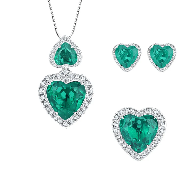 Jewelry S925 Silver Emerald Green Heart-Shaped Full Diamond Fashion Retro Set for Women 15*15