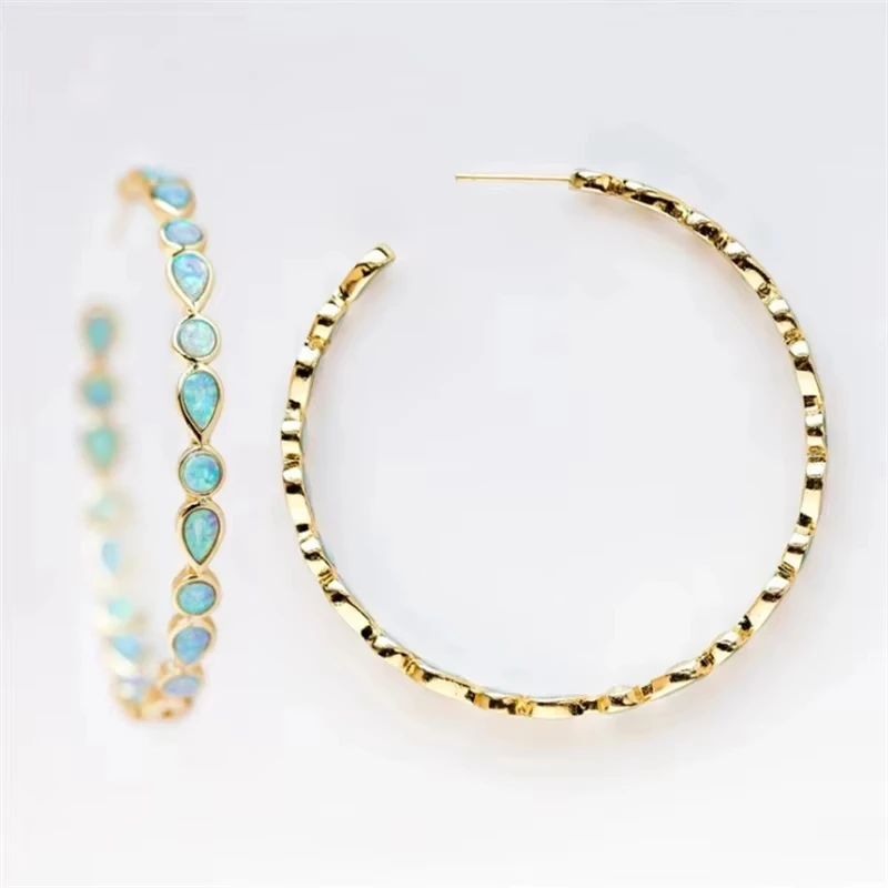 

Huajie Elegant C-Shape Hoop Earrings for Women Retro Inlaid Stone Gold Round Earrings Party Accessories Gift