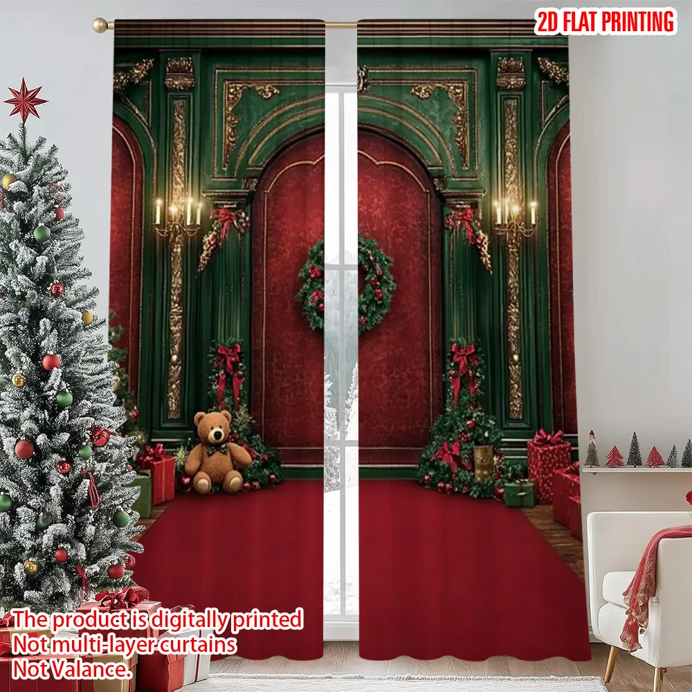 

2pcs 2D flat printing Merry Christmas Window Curtains Christmas wreath Christmas tree Christmas candle Durable 100% Polyester