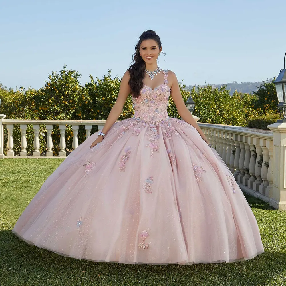 Charmante rosa Quinceañera Kleid kontrastierende drei dimensionale Blumen bestickte Ballkleid süße 16 Kleid 15 Geburtstags feier