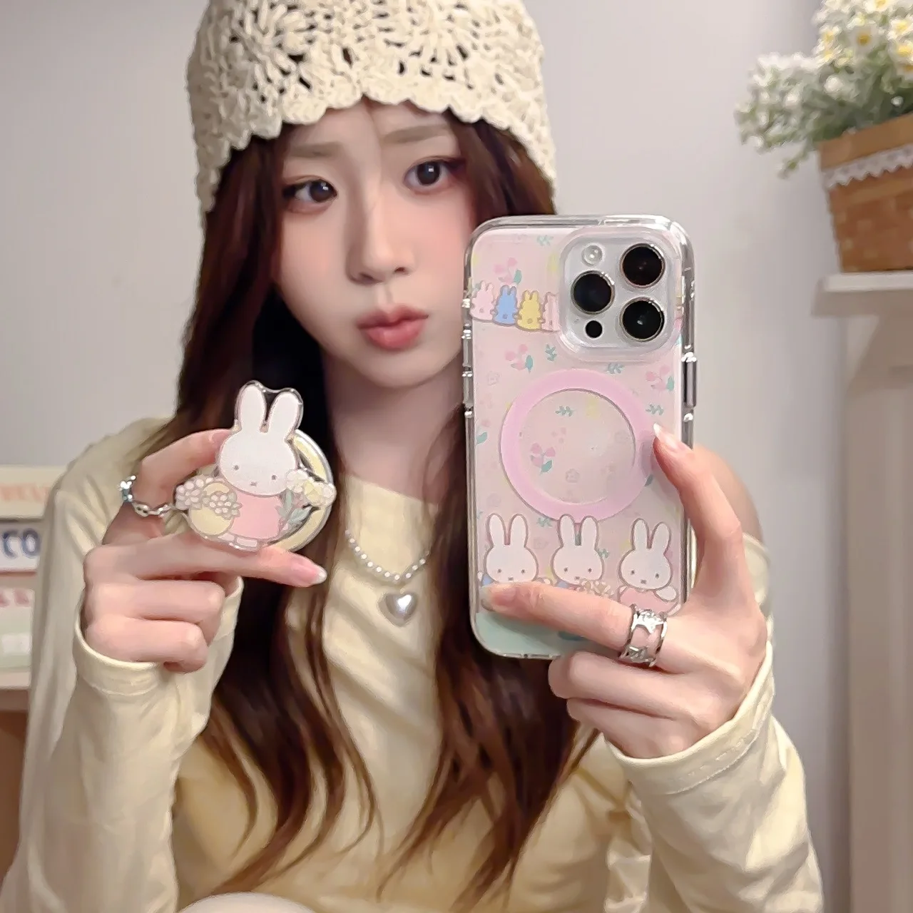Funda de teléfono Kawaii Melody Pink Rabbit dibujos animados para iPhone 16 15 14 13 12 11 Pro Max XR XS Max 7 8 Plus MINI Y2K Kawaii