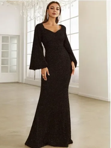 Elegant Dress Slim Long Round Neck Hip-hugging Skirt Sequin with Mid Waist Flare Sleeve Long Evening Dress