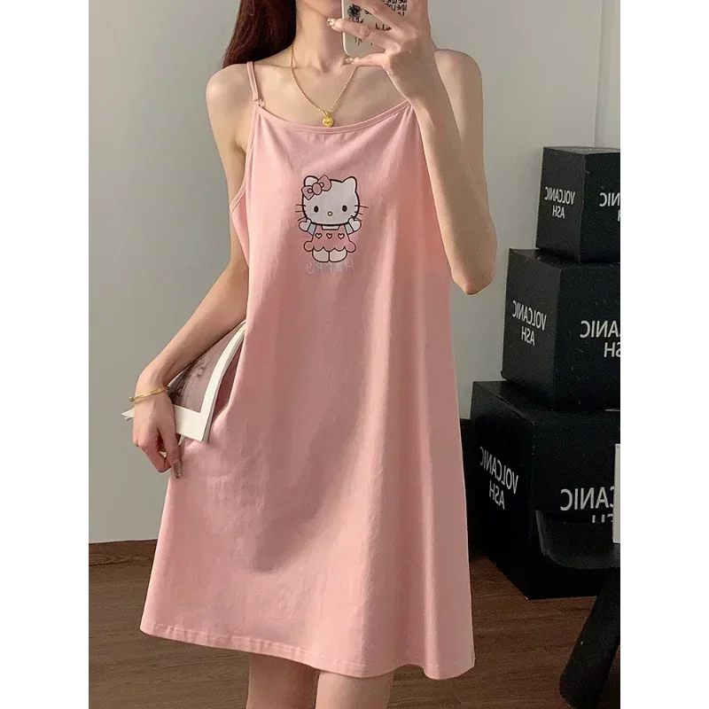 Sanrio Hello Kitty Summer Spaghetti Straps Sleeveless Long Dress Cool Women\'s Pajamas Silk Pajamas Female Home Wear Nightdress