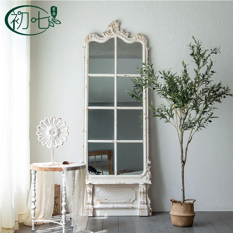 French retro carved floor mirror, clothing store light luxury carved old fitting mirror, bed and breakfast living room decorativ