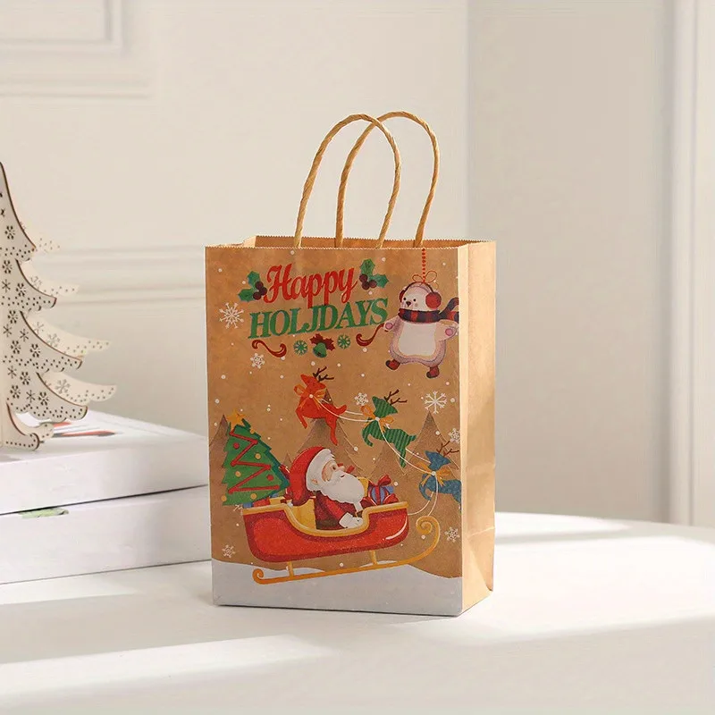 8–48 Stück Weihnachtsserie Kraftpapier-Geschenktüten, Verpackung von Party-Süßigkeitsgeschenken, bedruckte Tragetaschen mit Cartoon-Elch-Schneemann-Weihnachtsbaum – Detail 9