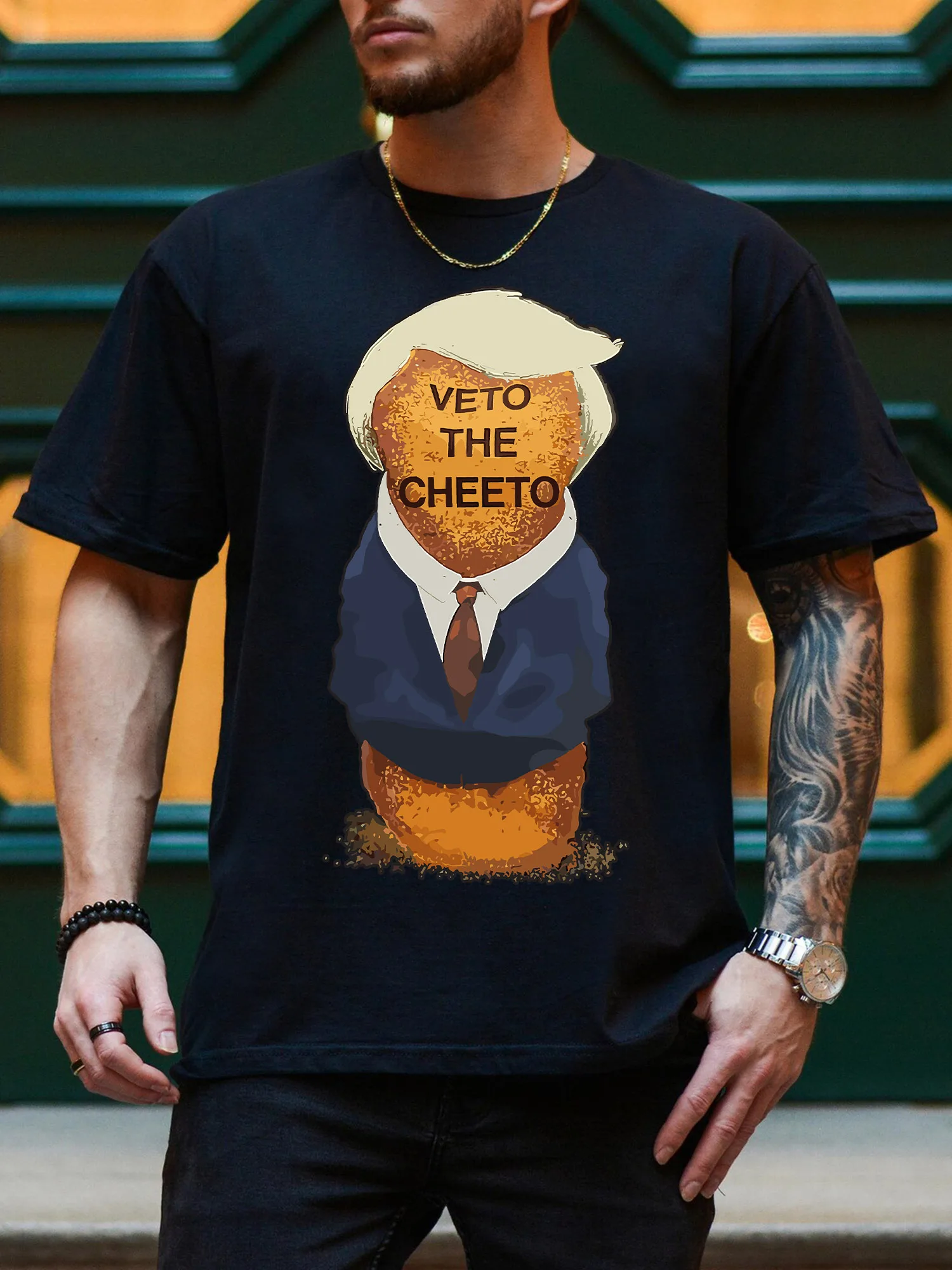 تي شيرت Veto The Cheeto الرجالي برسومات، تي شيرت أسود من القطن الخالص للاستخدام اليومي، تي شيرت خفيف الوزن برقبة دائرية
