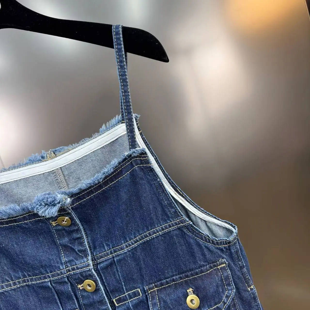 2025 Autumn Versatile Slim-Fit Retro Washed Pocket Denim Camisole Vest – Casual Street-Chic Top