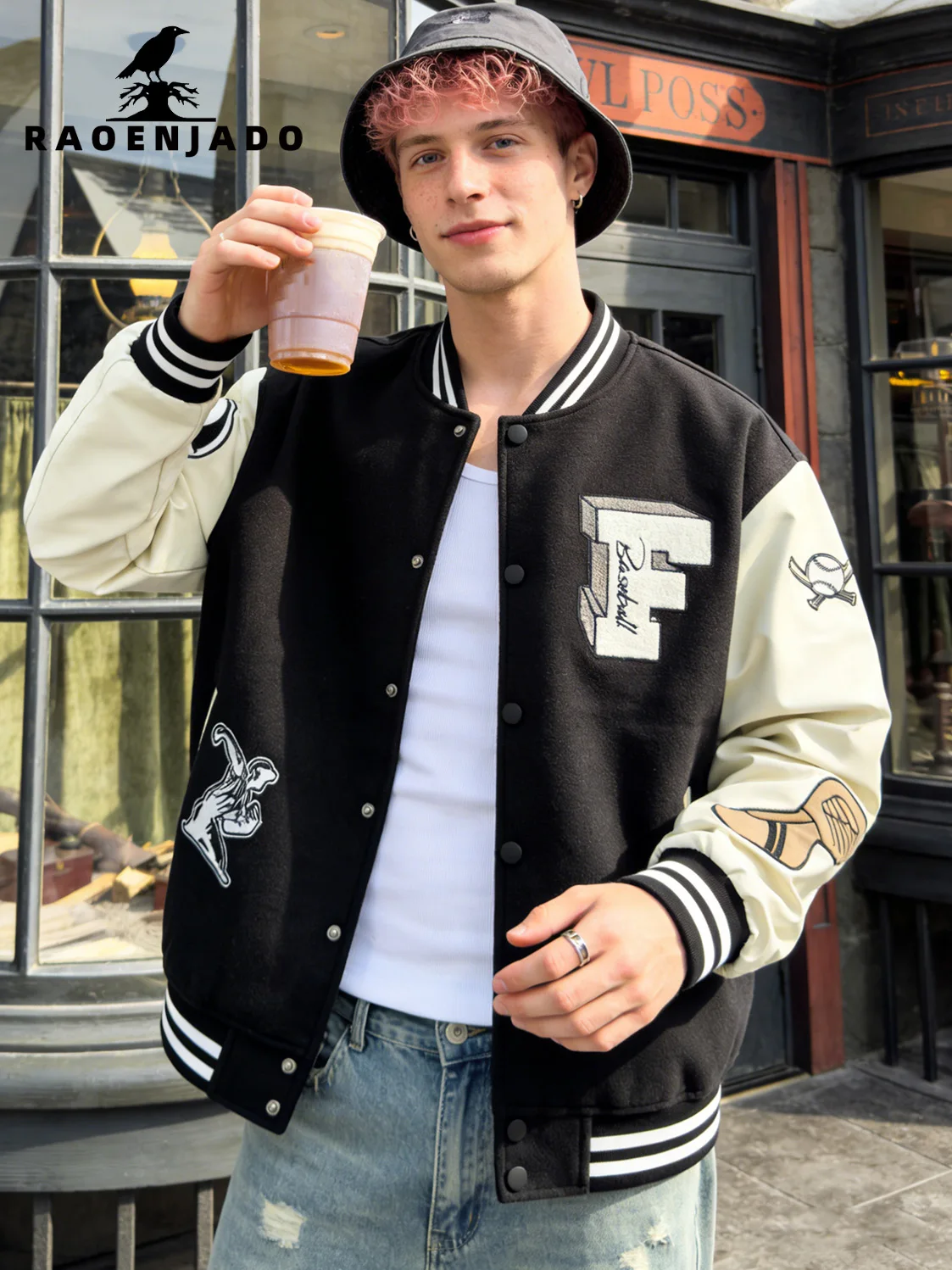 Men\'s Varsity Jacket Faux Leather Sleeve Lightweight Vintage Baseball Uniform Vintage Streetswear Cute Embroidery Patchwork Coat