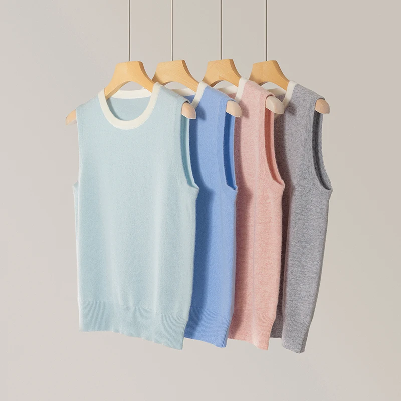 

100% cashmere knitted sweater, women's round neck sleeveless vest, sweater style, slimming and versatile woolen sweater top
