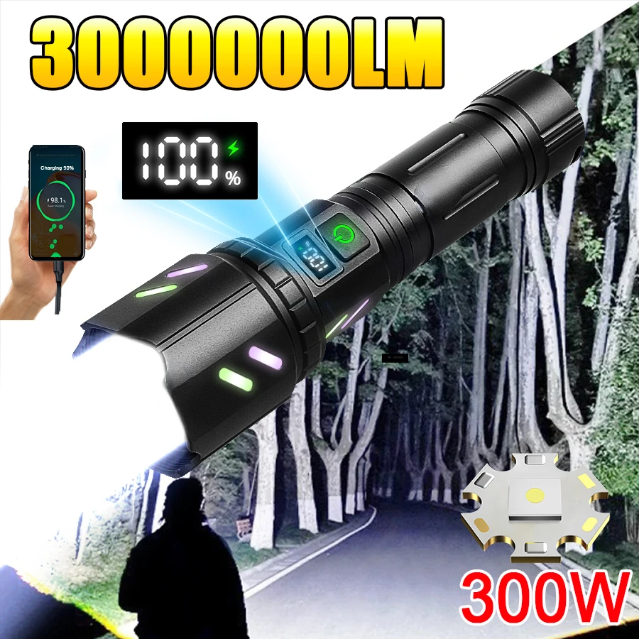 2025 New High Power 300W LED Flashlights Super Bright Outdoor Long Range Torch 3000000LM Tactical Flashlight with Spotlight Lens