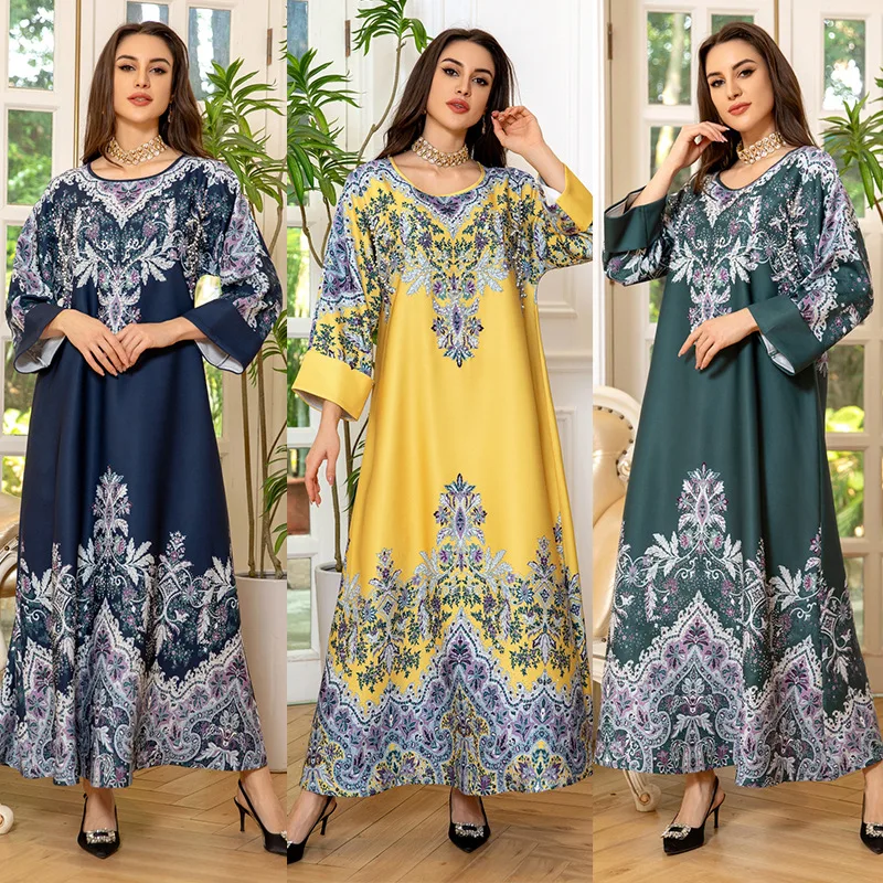 Middle Eastern Muslim robe jalabiya pullover printed positioning flower hot diamond cross-border women's dress